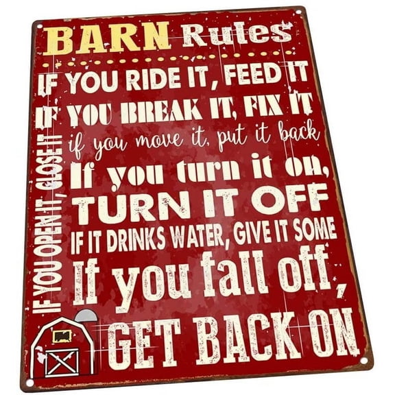 Barn Rules Metal Sign, Stable, Rustic Décor, Cowboy, Ranch, Horses Size: 8 x 12 Inches