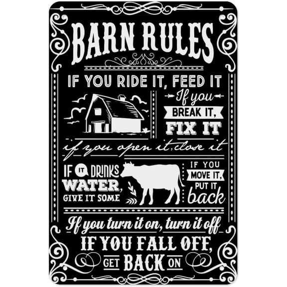 Barn Rules Metal Tin Sign Western Cowboy Farmhouse Wall Art, Rustic Ranch & Stable Rules Poster, Country Barn Decor for Horse Lovers, Vintage Retro Farm Sign 12x8 Inch