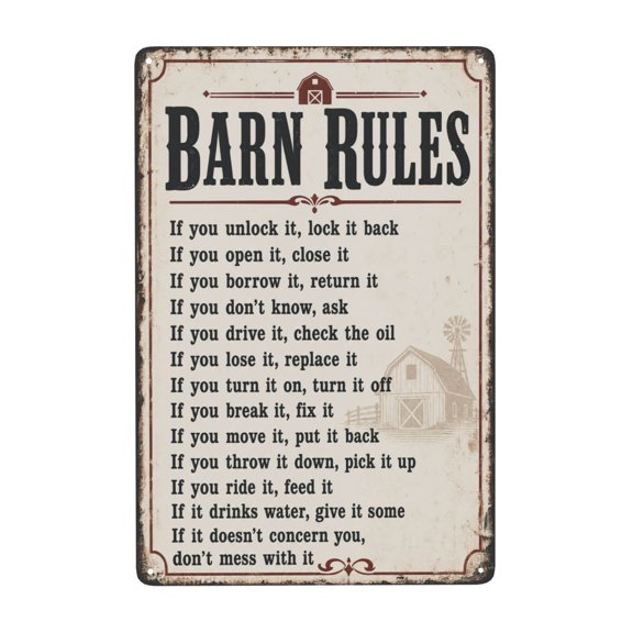 Barn Rules Metal Wall Decor Sign 8x12 Inch - Rustic Farmhouse Vintage-Style Iron Sign with Pre-Drilled Holes for Easy Hanging, Indoor Outdoor Home Decoration
