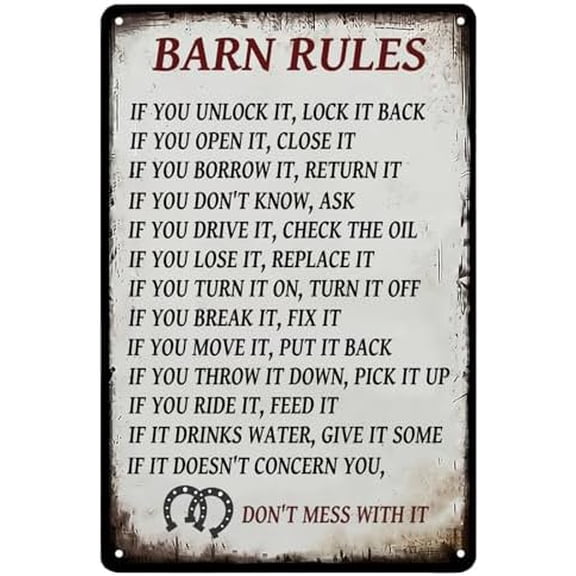 Barn Rules Vintage Metal Sign, If You Unlock It Lock It Back Don't Mess With It Retro Metal Plaque Wall Decor for Home Bars Restaurant Kitchen Bar Coffee Shop Pubs 12x8 Inch