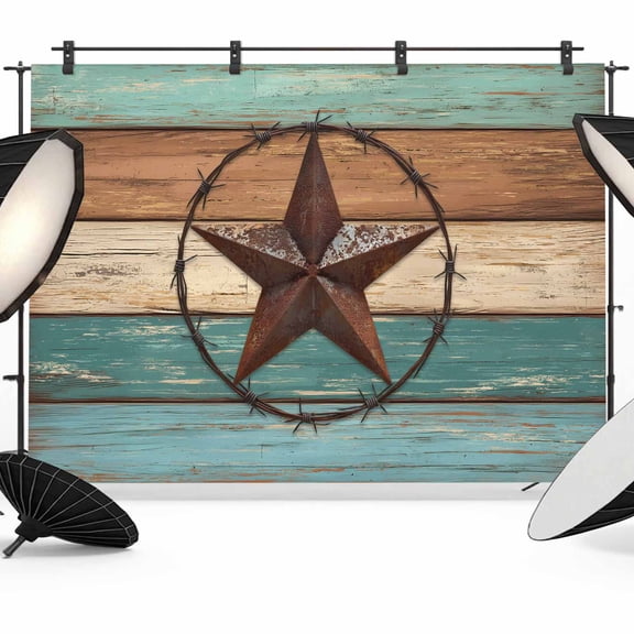 Barn Star Backdrop for Photography, Turquoise Wood Grain American Farmhouse Photo Backdrop Portrait Background Party Banner Photo Backgrounds for Studio Booth Props, 7x5ft