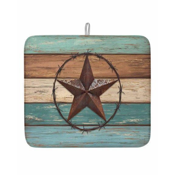Barn Star Dish Drying Mat 16x18 inch Turquoise Wood Grain American Farmhouse Super Absorbent Microfiber Dish Drying Pad for Kitchen Countertops Sink Dish Drainer Racks Coffee Bar Mats 1 Pack