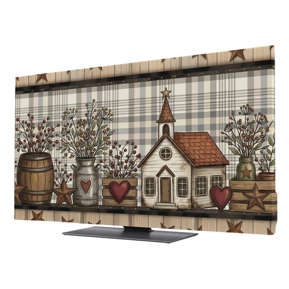 Barn Star Farmhouse TV Cover for 24 Inch Screen, Stretch Fabric Dustproof TV Display Protector, Berry Brown Buffalo Plaid Elastic Slipcover Monitor Cover for Indoor Desktop Computer 20.9"x11.8"