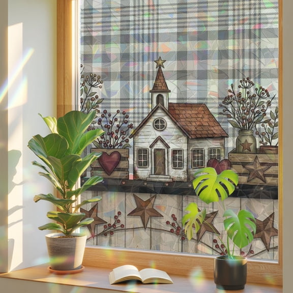 Barn Star Farmhouse Window Privacy Film Rainbow Static Cling Stain Glass Window Film for Glass Door, Decorative UV Blocking Sunroof Decal Sticker for Car 17.7"x39.3" Berry Brown Buffalo Plaid