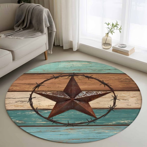 Barn Star Round Rugs for Living Room 4ft Turquoise Wood Grain American Farmhouse Non Slip Circle Rug Washable Low-Profile Indoor Carpet for Bedroom, Dining Room, Bathroom