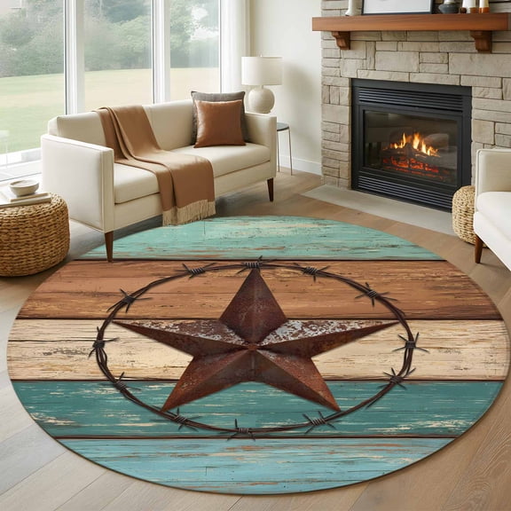 Barn Star Round Rugs for Living Room 6ft Turquoise Wood Grain American Farmhouse Non Slip Circle Rug Washable Low-Profile Indoor Carpet for Bedroom, Dining Room, Bathroom