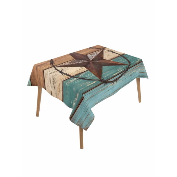 Barn Star Table Cloth 52x70 Inch Rectangle, Turquoise Wood Grain American Farmhouse Waterproof Tablecloth Washable Table Cover for Party Picnic Dinner Decor