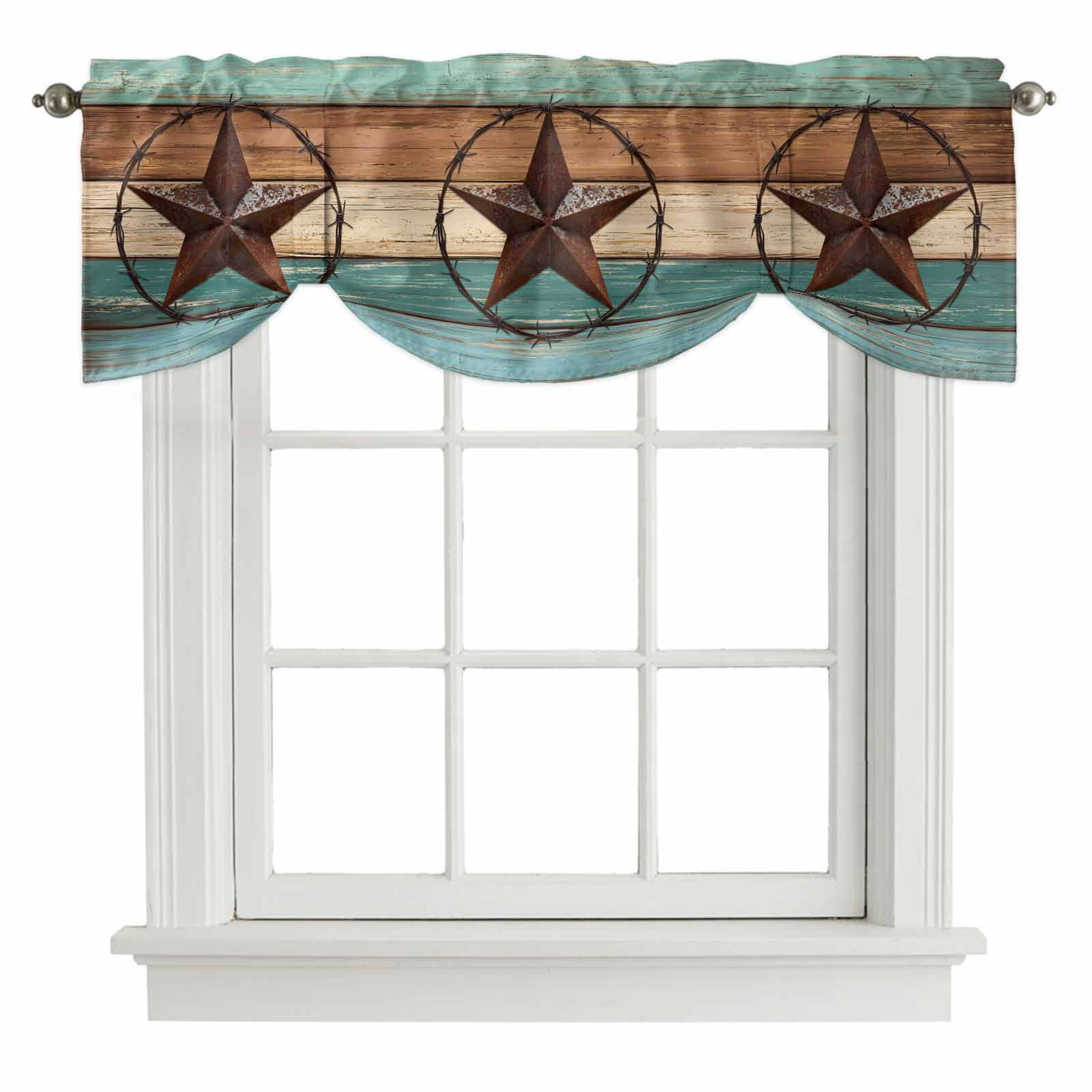 Barn Star Tie Up Window Valance Turquoise Wood Grain American Farmhouse ...