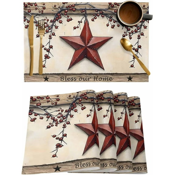 Barn Stars Placemats Set of 6, Primitive Stars Berries Wood Grain Vintage Cotton Linen Table Mats Non-Slip Washable Fourth of July Print Placemat for Holiday Banquet Dining Kitchen Table Decor