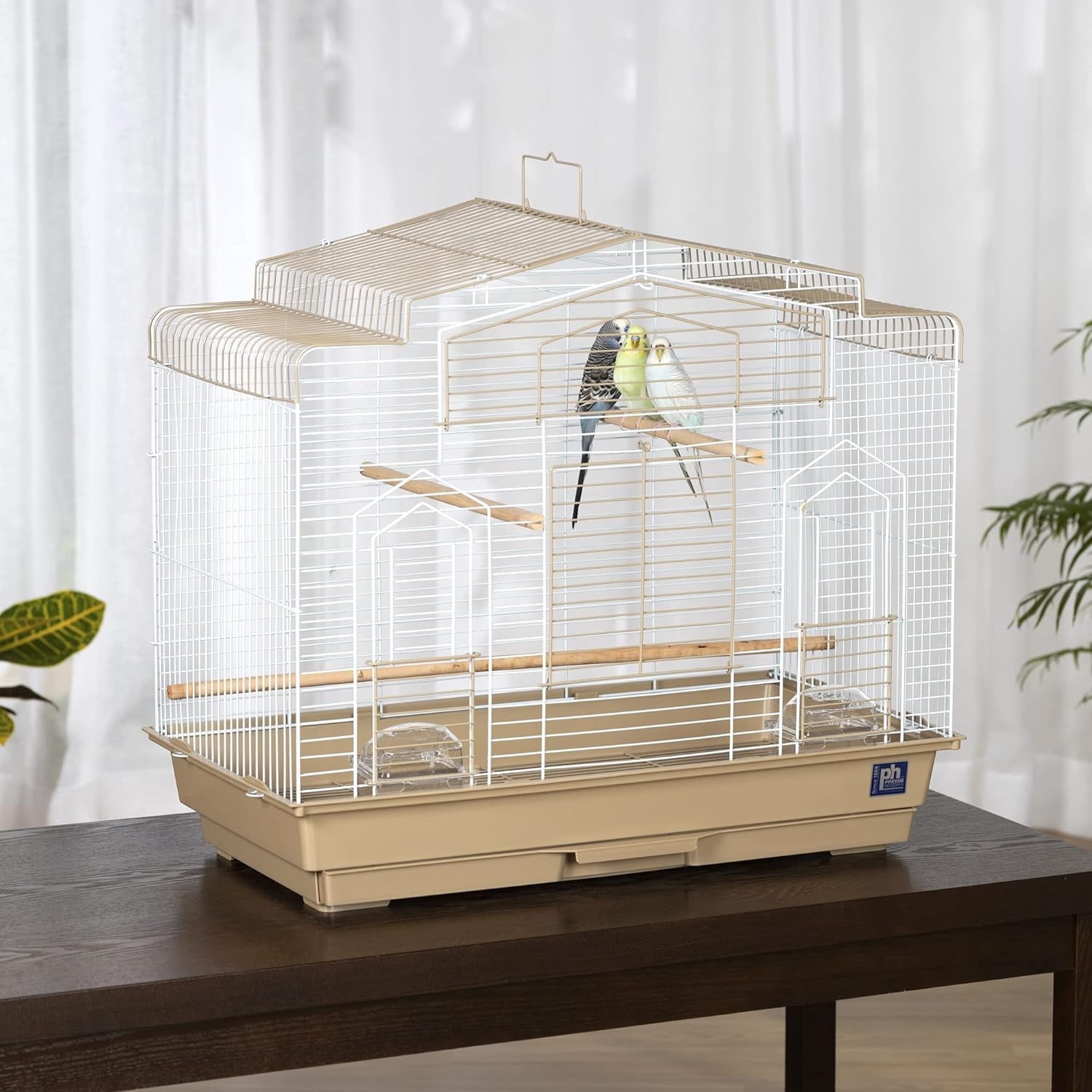 Barn Style Bird Cage - Ideal for Parakeets, Parrots, Lovebirds, Conures, Canaries, and Similarly Sized Birds, Wide Barn Style Design, Stand Alone Cage - Brown & White