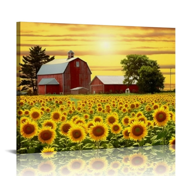 Barn Sunflower Field Lighted Canvas Wall Art Print 16" x 12" | Canvas Canvas Wall Art Print Design (Barn Sunflower Field,16" x 12")