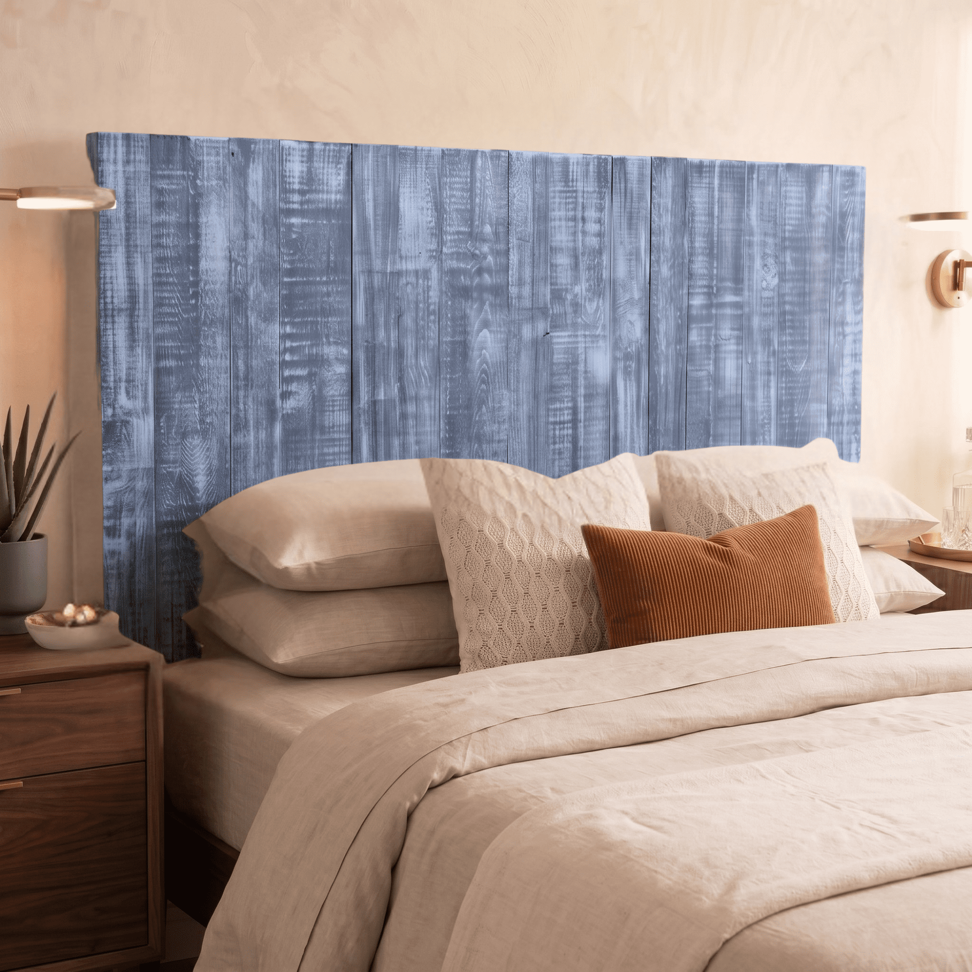 Barn Walls Solid Wood Headboard, King Size Blue Stonewash