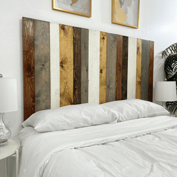 California King Headboard, Rustic Design, Individual Solid Natural Wood Floating Panels, Adjustable Height, Wall Mounted, Compatible with any Bed Frame and Adjustable Beds, White Gray and Brown Wood