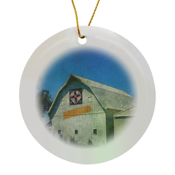 3drose, Barn with a Quilt and an Ear of Corn, Circle Porcelain Ornament