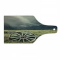 thumbnail image 1 of Barn Wood Wagon Wheel Cutting Board, Cloudy Day in Village Farm Aged Vintage Cart Outdoors, Decorative Tempered Glass Cutting and Serving Board, Wine Bottle Shape, Umber Green Dark Blue, by Ambesonne, 1 of 1