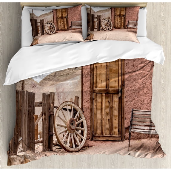 Barn Wood Wagon Wheel Duvet Cover Set, Abandoned Old Farmhouse Doorway Traditional Rustic Outdoors, Decorative 3 Piece Bedding Set with 2 Pillow Shams, Queen Size, Umber Pale Brown, by Ambesonne