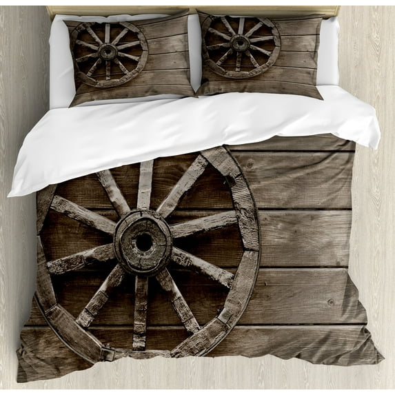 Barn Wood Wagon Wheel Duvet Cover Set, Antique Aged Carriage Vehicle Wheel on the Wall of Barn Grunge Western, Decorative 3 Piece Bedding Set with 2 Pillow Shams, Queen Size, Umber, by Ambesonne