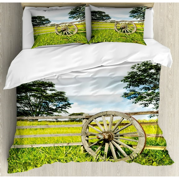 Barn Wood Wagon Wheel Duvet Cover Set King Size, Fresh Green Meadow Ranching Fences Lush Growth Rural Landscape Trees, Decorative 3 Piece Bedding Set with 2 Pillow Shams, Multicolor, by Ambesonne