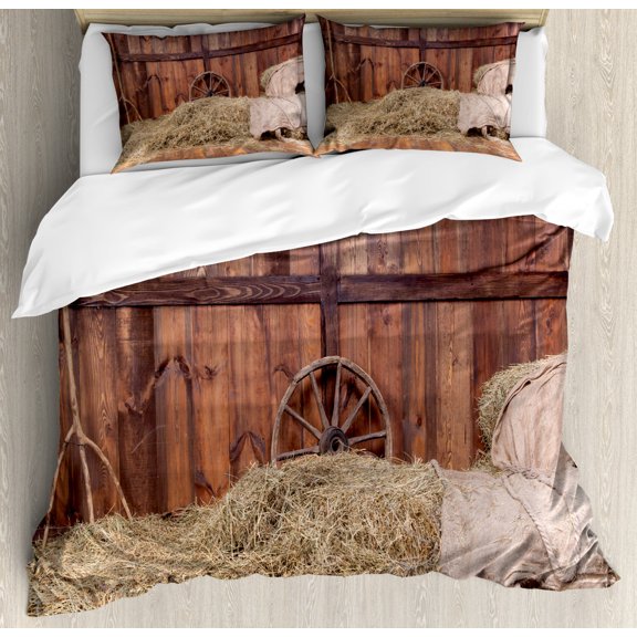 Barn Wood Wagon Wheel Duvet Cover Set King Size, Rural Old Horse Stable Barn Interior Hay and Wood Planks Image Print, Decorative 3 Piece Bedding Set with 2 Pillow Shams, Brown Dust, by Ambesonne