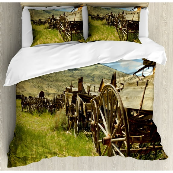 Barn Wood Wagon Wheel Duvet Cover Set, Line of Antique Carriages in Rural Village Farm and Hills, Decorative 3 Piece Bedding Set with 2 Pillow Shams, Calking Size, Green Brown Pale Blue, by Ambesonne