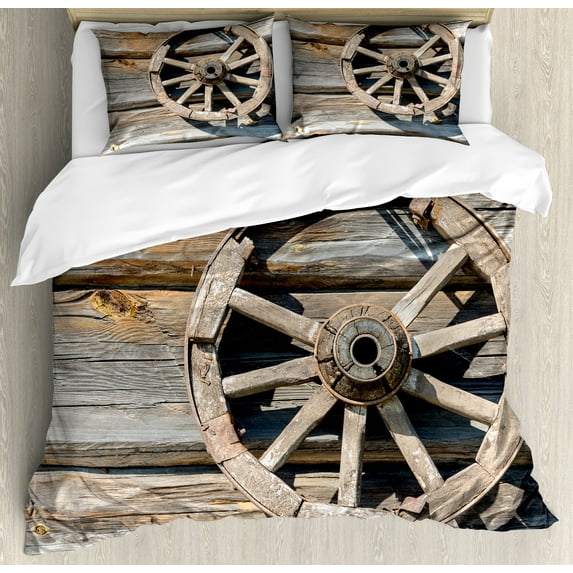 Barn Wood Wagon Wheel Duvet Cover Set, Old Log Wall with Cartwheel Telega Rural Countryside Themed Image, Decorative 3 Piece Bedding Set with 2 Pillow Shams, Calking Size, Umber Beige, by Ambesonne