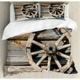 thumbnail image 1 of Barn Wood Wagon Wheel Duvet Cover Set, Old Log Wall with Cartwheel Telega Rural Countryside Themed Image, Decorative 3 Piece Bedding Set with 2 Pillow Shams, Queen Size, Umber Beige, by Ambesonne, 1 of 3