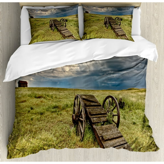 Barn Wood Wagon Wheel Duvet Cover Set, Old Prairie Cart Agricultural Field Ranch Dramatic Stormy Sky, Decorative 3 Piece Bedding Set with 2 Pillow Shams, King Size, Green Brown Grey, by Ambesonne