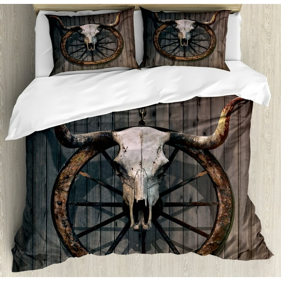 Barn Wood Wagon Wheel Duvet Cover Set Queen Size, Long Horned Bull Skull and Old West Wagon Wheel on Rustic Wall, Decorative 3 Piece Bedding Set with 2 Pillow Shams, Black Brown White, by Ambesonne