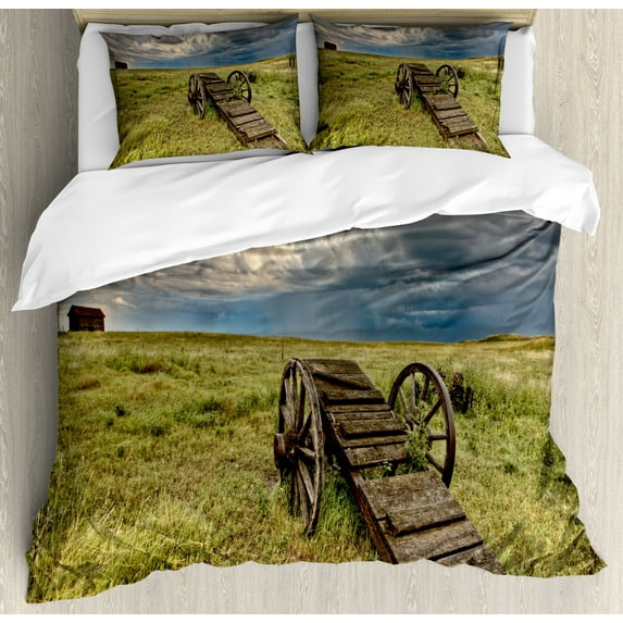 Barn Wood Wagon Wheel Duvet Cover Set, Old Prairie Cart Agricultural Field Ranch Dramatic Stormy Sky, Decorative 3 Piece Bedding Set with 2 Pillow Shams, Queen Size, Green Brown Grey, by Ambesonne