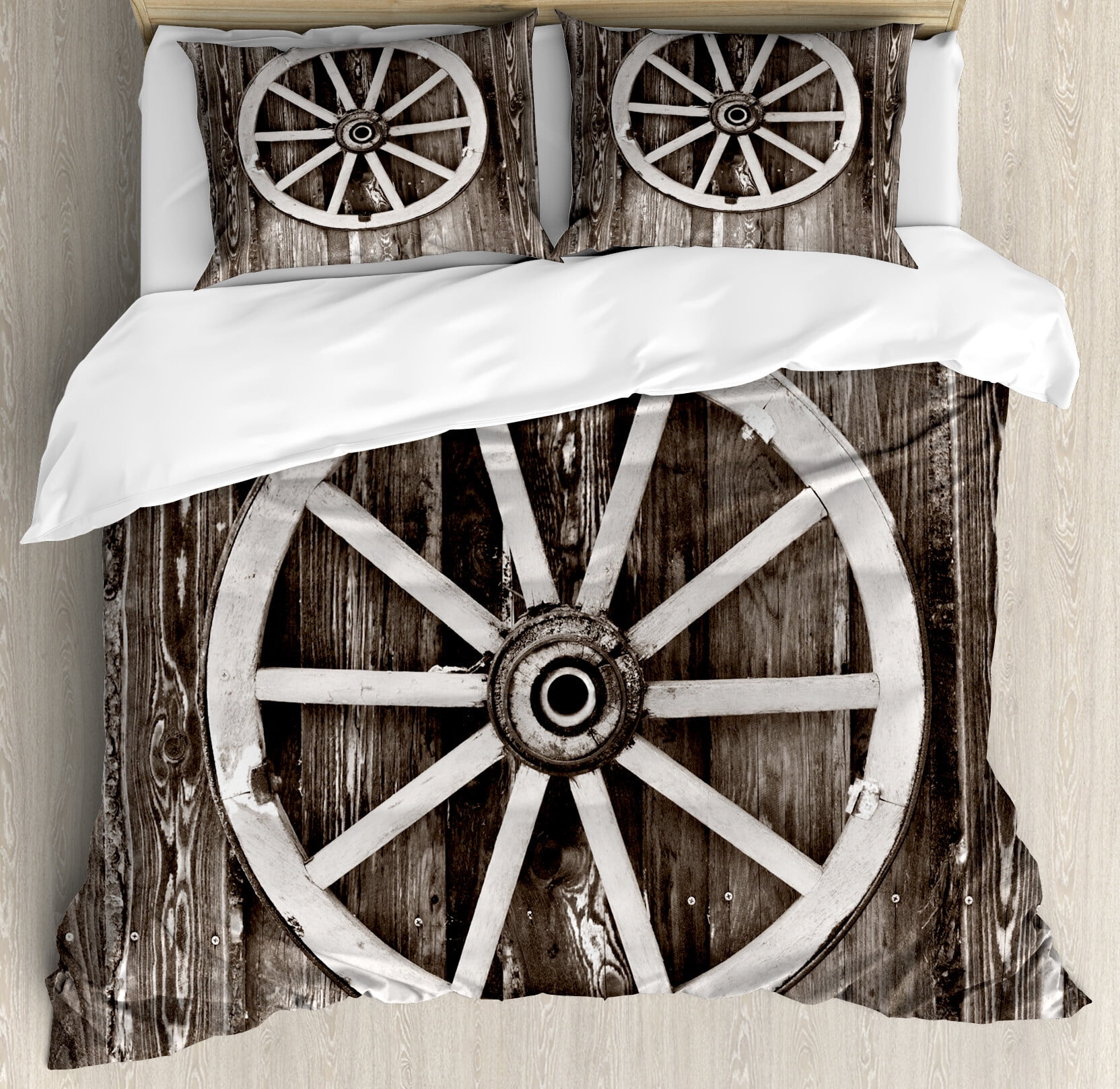 Barn Wood Wagon Wheel Duvet Cover Set, Retro Wheel on Timber Wall Barn ...