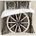 thumbnail image 1 of Barn Wood Wagon Wheel Duvet Cover Set, Retro Wheel on Timber Wall Barn House Village Cart Circle, Decorative 3 Piece Bedding Set with 2 Pillow Shams, Queen Size, Dark Brown and White, by Ambesonne, 1 of 3