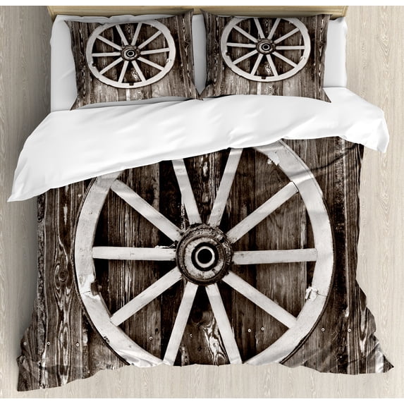 Barn Wood Wagon Wheel Duvet Cover Set, Retro Wheel on Timber Wall Barn House Village Cart Circle, Decorative 3 Piece Bedding Set with 2 Pillow Shams, Queen Size, Dark Brown and White, by Ambesonne