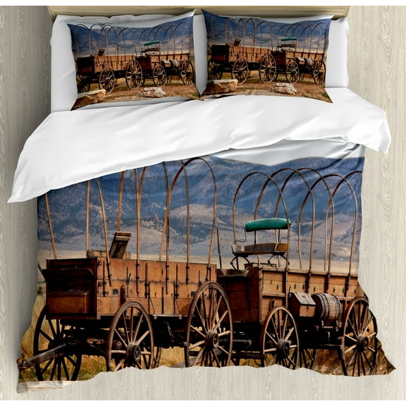 Barn Wood Wagon Wheel Duvet Cover Set, Vintage American Carriages Western Historical Transportation Prairie, Decorative 3 Piece Bedding Set with 2 Pillow Shams, King Size, Brown White, by Ambesonne