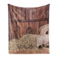 thumbnail image 1 of Barn Wood Wagon Wheel Soft Flannel Fleece Blanket, Rural Old Horse Stable Barn Interior Hay and Wood Planks Image Print, Cozy Plush for Indoor and Outdoor Use, 70" x 90", Brown Dust, by Ambesonne, 1 of 6