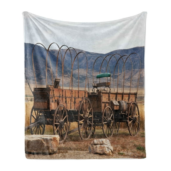 Barn Wood Wagon Wheel Soft Flannel Fleece Blanket, Vintage American Carriages Western Historical Transportation Prairie, Cozy Plush for Indoor and Outdoor Use, 50" x 70", Brown White, by Ambesonne