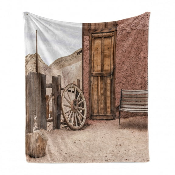 Barn Wood Wagon Wheel Soft Flannel Fleece Throw Blanket, Abandoned Old Farmhouse Doorway Traditional Rustic Outdoors, Cozy Plush for Indoor and Outdoor Use, 50" x 60", Umber Pale Brown, by Ambesonne