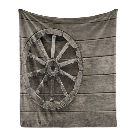 Barn Wood Wagon Wheel Soft Flannel Fleece Throw Blanket, Antique Aged Carriage Vehicle Wheel on the Wall of Barn Grunge Western, Cozy Plush for Indoor and Outdoor Use, 60" x 80", Umber, by Ambesonne