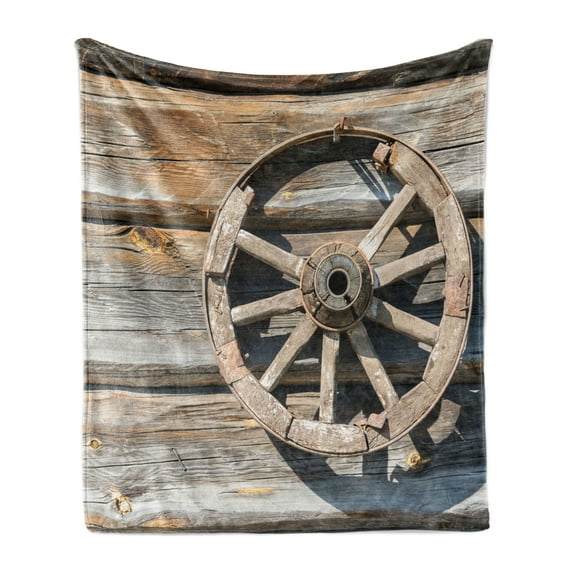Barn Wood Wagon Wheel Soft Flannel Fleece Throw Blanket, Old Log Wall with Cartwheel Telega Rural Countryside Themed Image, Cozy Plush for Indoor and Outdoor Use, 60" x 80", Umber Beige, by Ambesonne