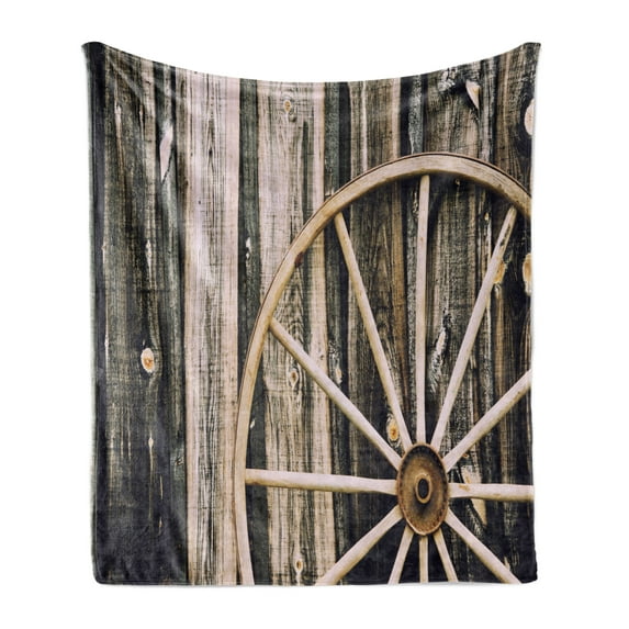 Barn Wood Wagon Wheel Soft Flannel Fleece Throw Blanket, Wooden Barn Door and Vintage Rusty Wheel Rustic Home Farm, Cozy Plush for Indoor and Outdoor Use, 50" x 70", Black Pale Brown, by Ambesonne