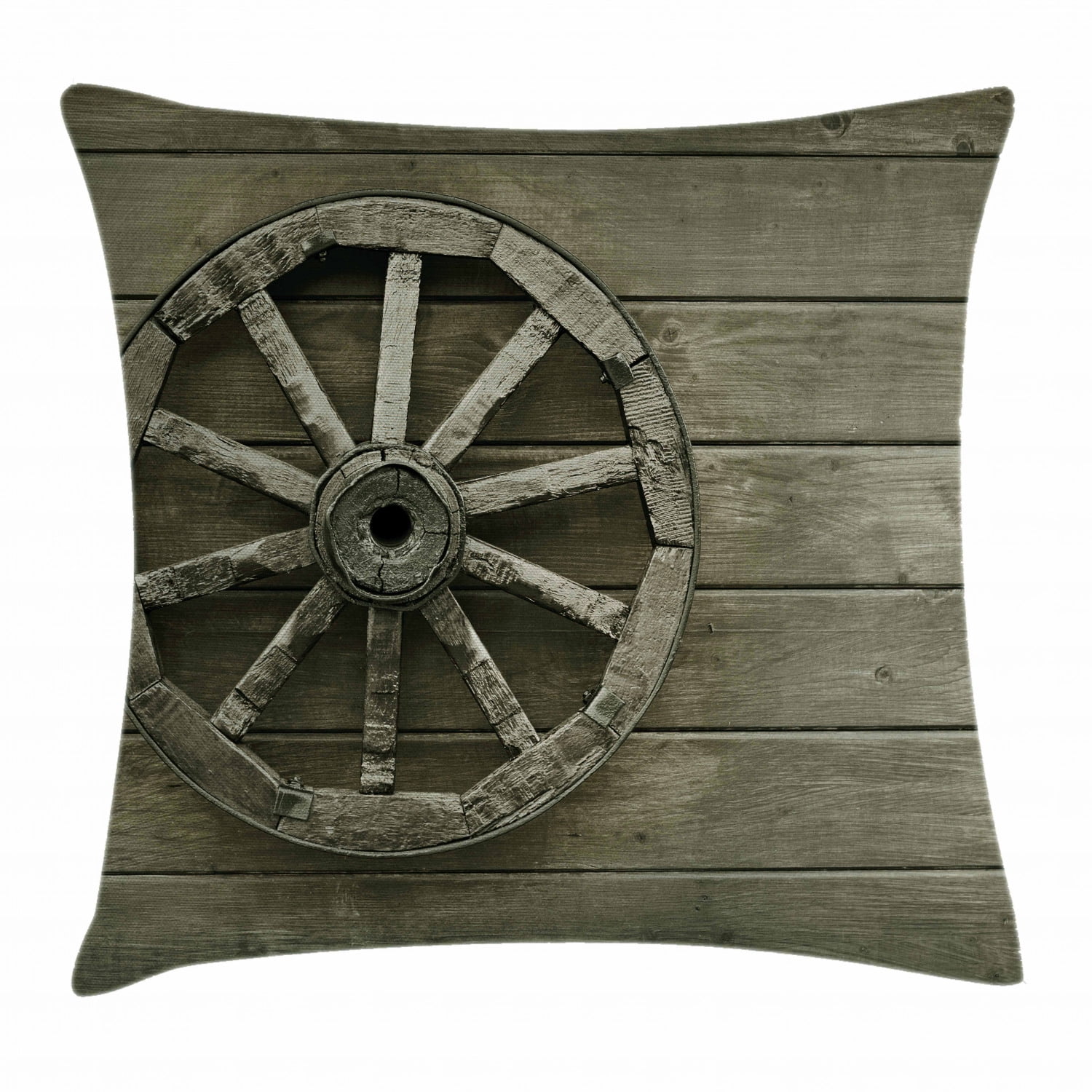 Barn Wood Wagon Wheel Throw Pillow Cushion Cover, Antique Aged Carriage