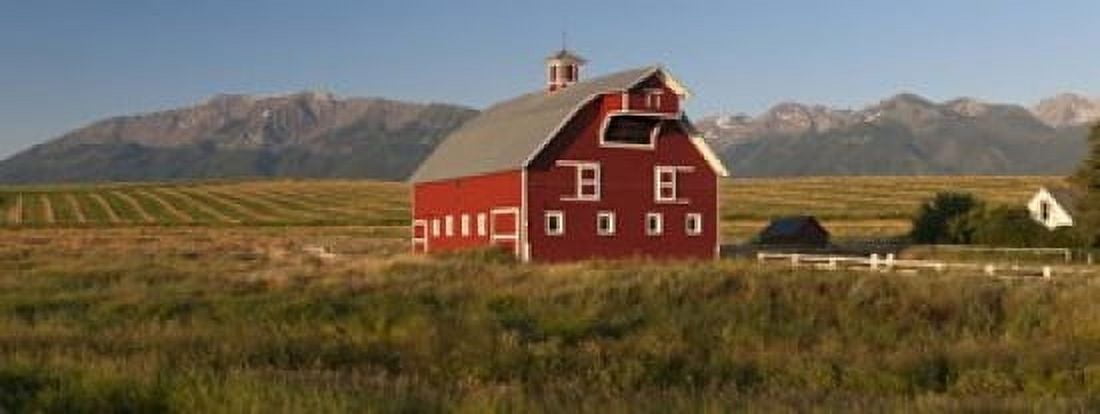 Barn in a field with a Wallowa Mountains in the background Enterprise Wallowa County Oregon USA Canvas Art - Panoramic Images (15 x 6)