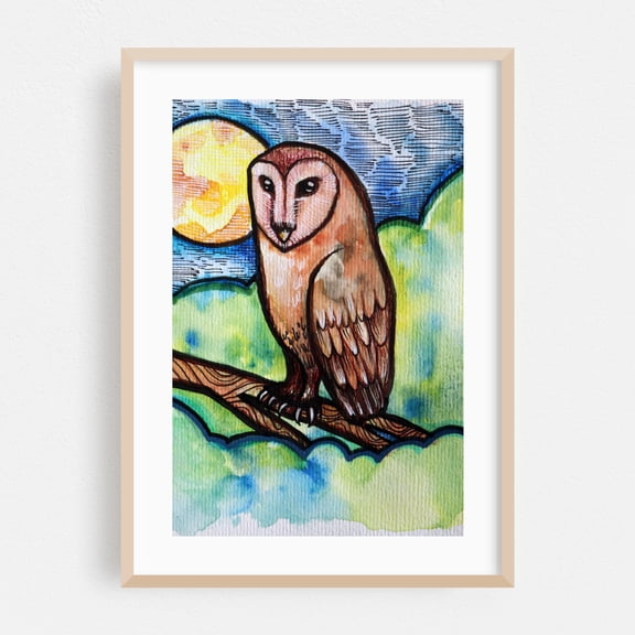 Barn owl - Illustration Watercolor Bird Wildlife Night Sky Mystical Oak Framed Wall Art Print 5 x 7 inches