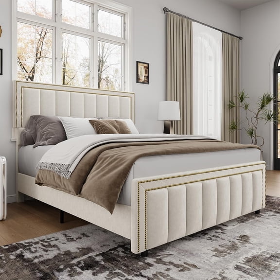 BarnFurin Full Size Bed Frame with 50" Tall Headboard and Footboard, Chenille Upholstered Bed Frame, Vertical Channel Tufting with Nailhead Trim, No Box Spring Needed, Easy Assembly, Beige