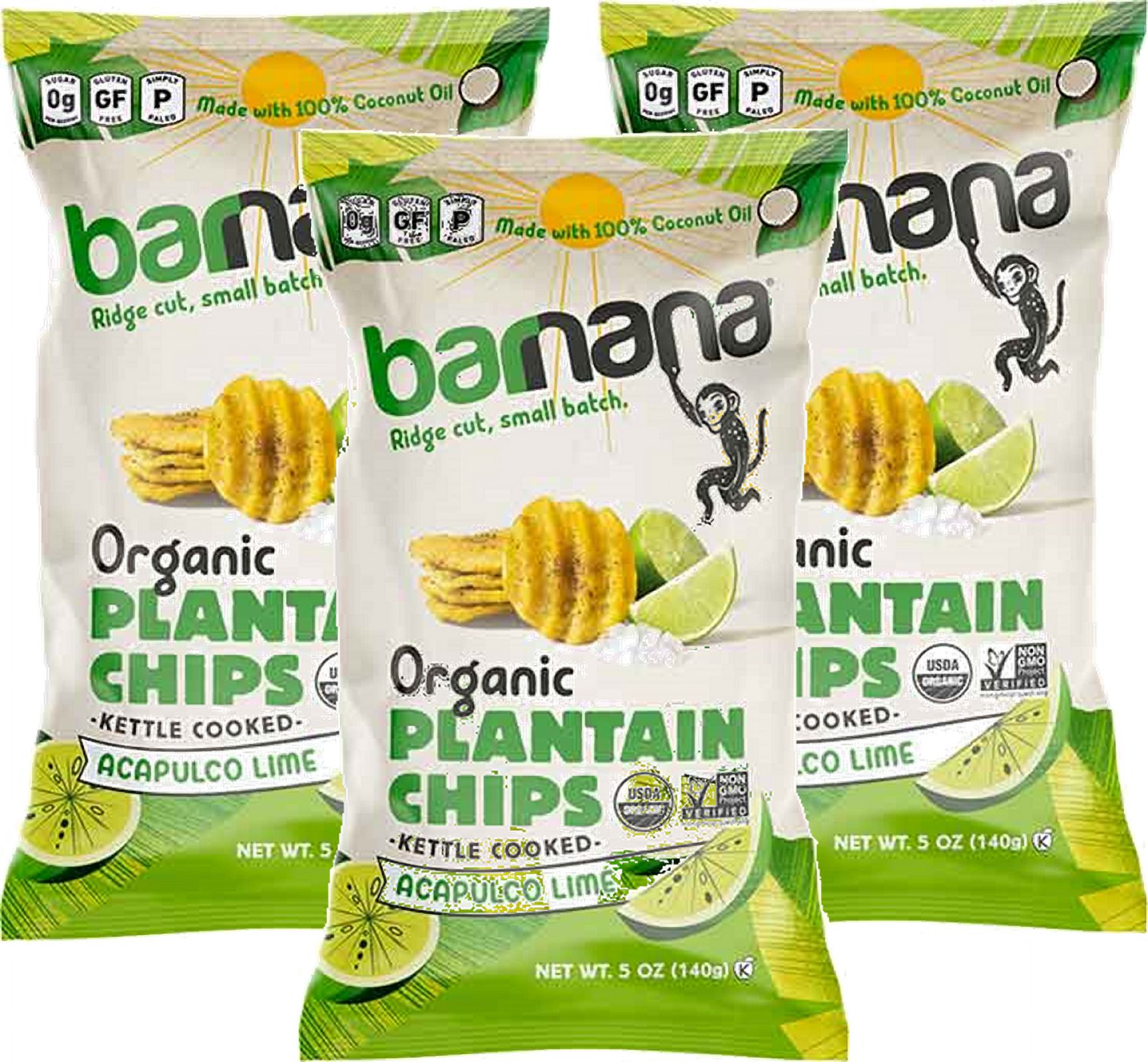 Barnana Organic Plantain Chips, Acapulco Lime Paleo, Vegan, Grain Free Chips, 3Pack 5 oz. Bags