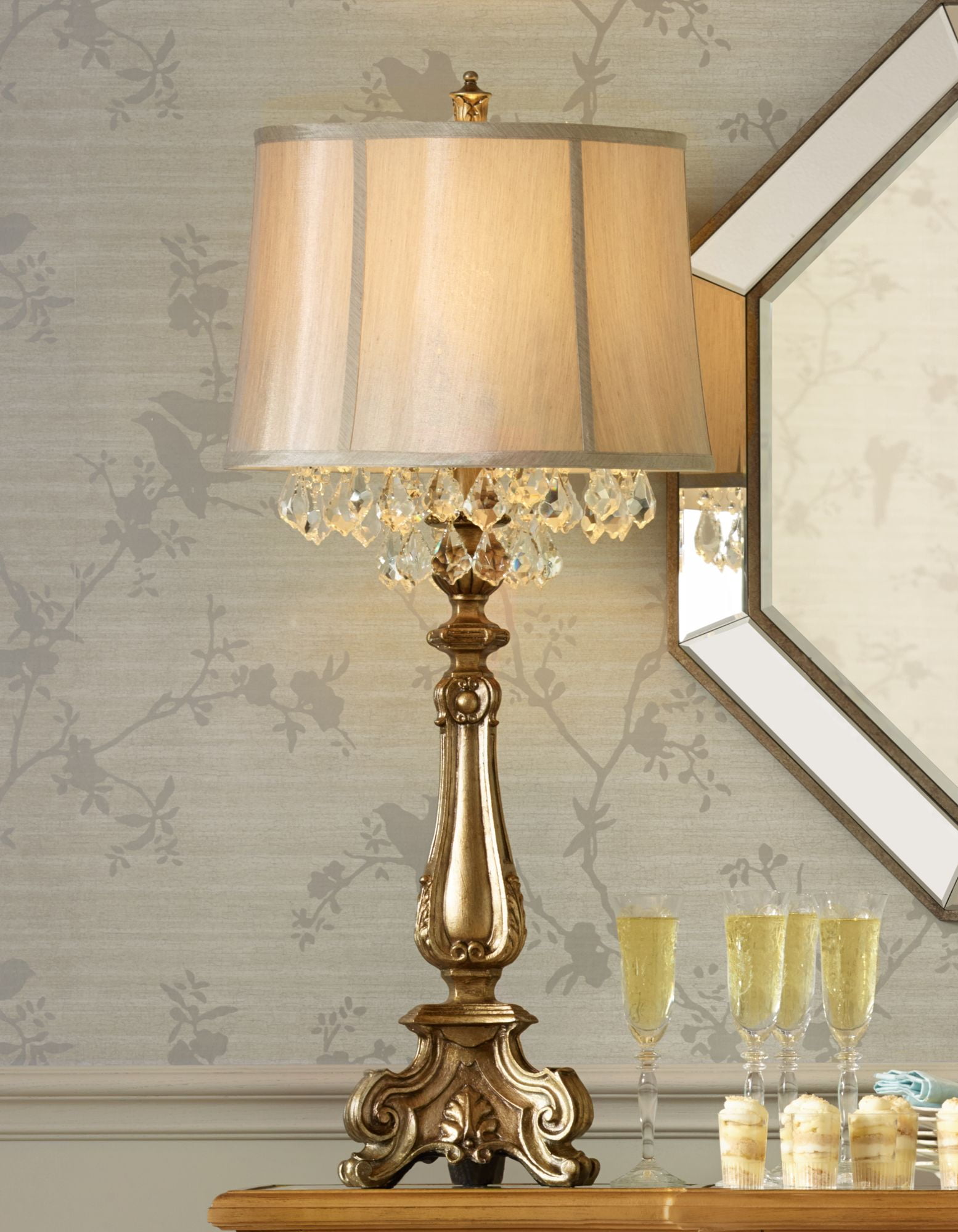 Antique Gold Crystal Beaded Traditional Table Lamp with Drum Shade