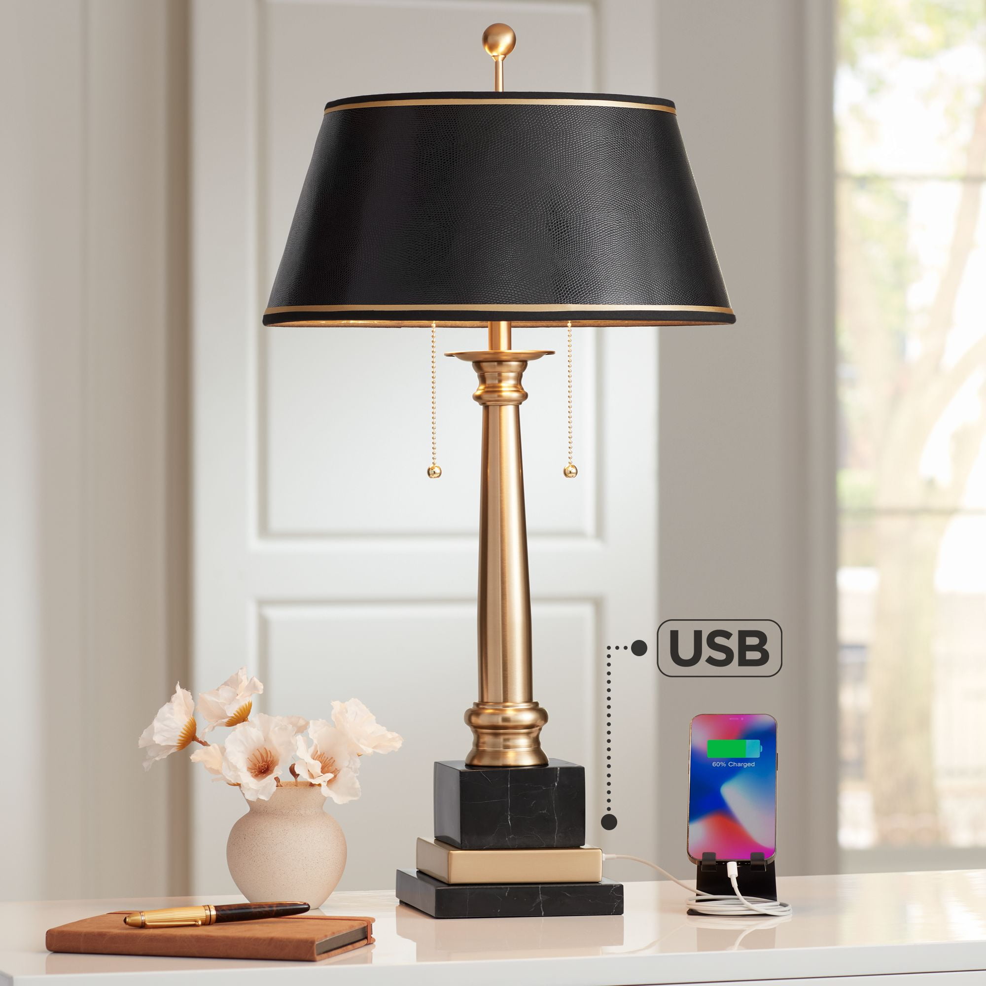 Barnes and Ivy Georgetown Traditional Desk Lamp 28 1/2 Tall Warm Brass  with USB Charging Port Black Shade for Bedroom Living Room Bedside Office  Kids