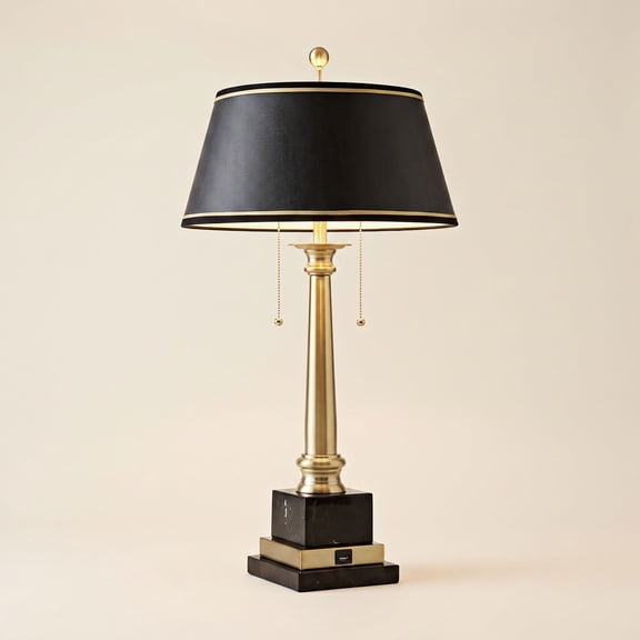 Regency Hill Georgetown Traditional Desk Lamp 28 1/2" Tall Warm Brass with USB Charging Port Black Shade for Bedroom Living Room Bedside Office Kids
