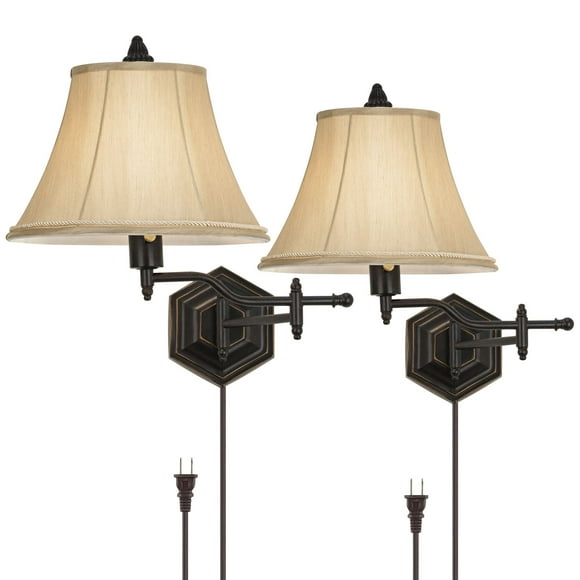 Barnes and Ivy Hexagon Rustic Vintage Swing Arm Wall Lamps Set of 2 Bronze Plug-in Light Fixture Gold Bell Shade for Bedroom Bedside Living Room House