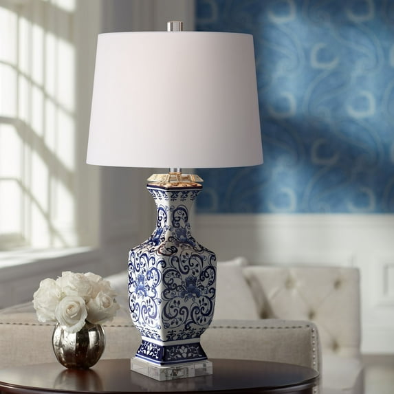 Barnes and Ivy Iris Vintage Style Table Lamp 28" Tall Blue White Floral Geneva with Table Top Dimmer White Drum for Bedroom Living Room Bedside Office