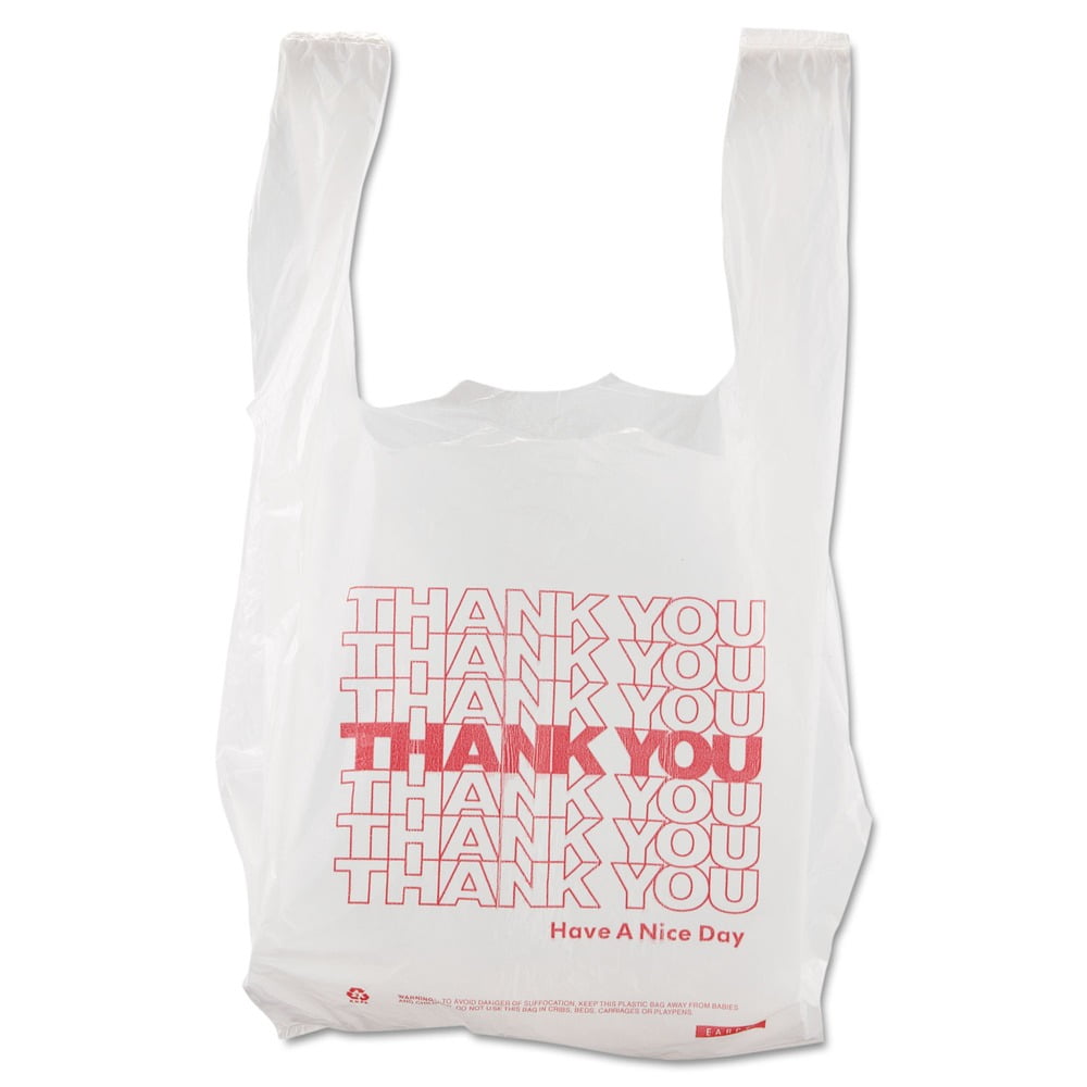 Barnes Paper Company 8416THYOU 8 in. x 4 in. x 16 in. Thank You High-Density Shopping Bags - White/Red (2000/Carton)